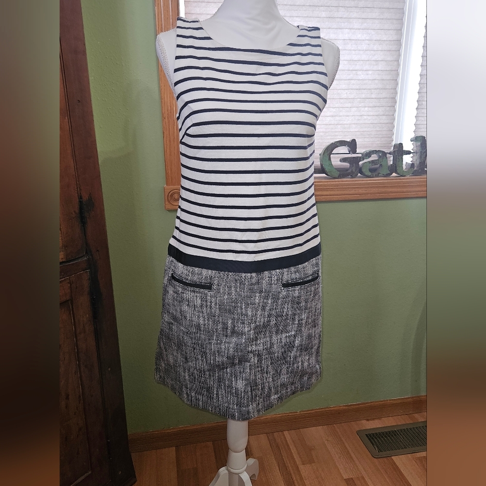 LOFT Black and White Striped A-Line Dress with Tweed-Effect Skirt Size 2